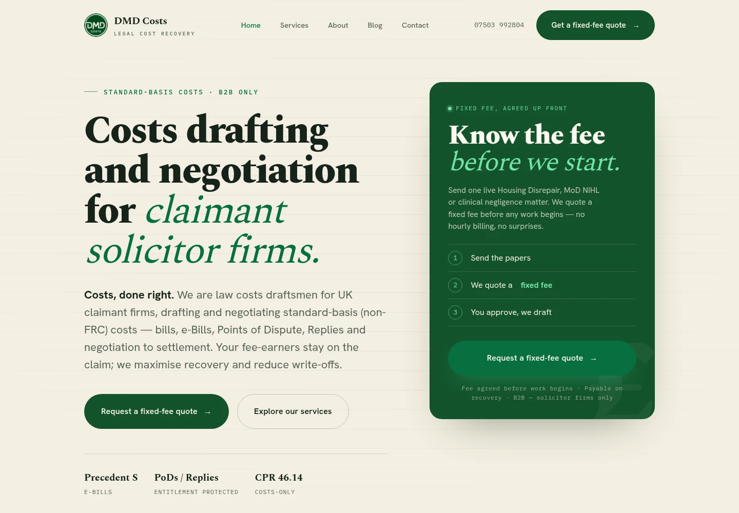 DMD Costs website: legal costs drafting and negotiation
